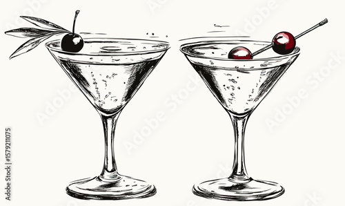 Hand drawn vintage style illustration of two martini cocktail glasses with olives and cherries on toothpicks in minimalist black and white sketch design vector image for bar and nightlife concept