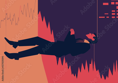 Businessman falling sideways on sharp declining stock market chart symbolizing financial loss economic downturn investment risk and market crash concept vector illustration