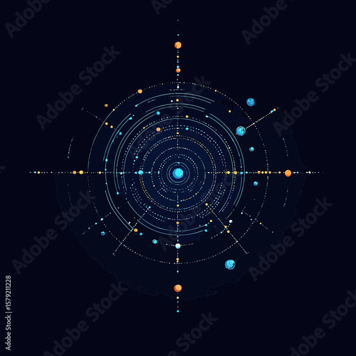 Abstract digital cosmic star map with concentric circles and orbiting planets in futuristic vector style on dark background