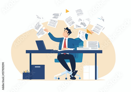 Overwhelmed businessman multitasking at office desk surrounded by flying paperwork and laptop in flat vector style