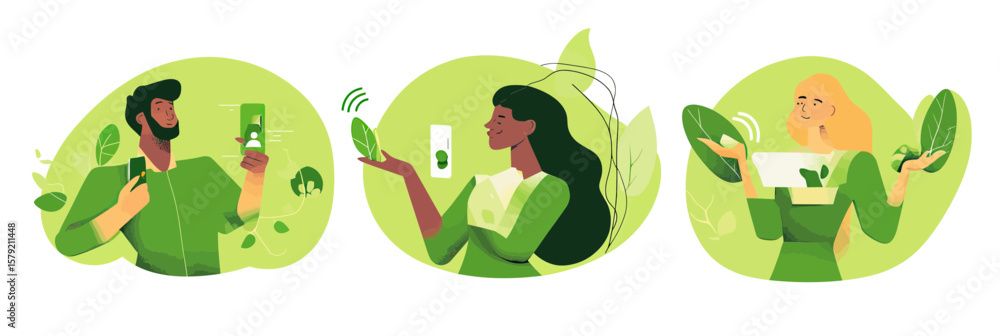 Obraz premium Diverse men and women holding smartphone with renewable energy app, promoting green electricity and sustainable growth with leaf and eco icons in flat minimalist style vector