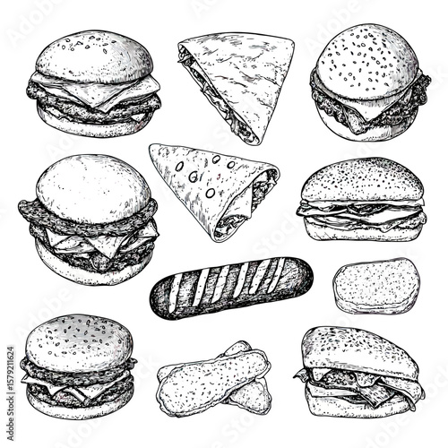 Hand drawn black and white sketch of various fast food items including burgers, sandwiches, wraps, grilled bread, and fried snacks in detailed doodle style vector illustration