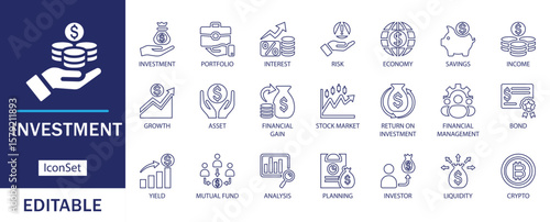 This investment icon set. Features editable line icons representing finance, savings, portfolio, ROI, economy, crypto, mutual fund, and financial growth in vector style.