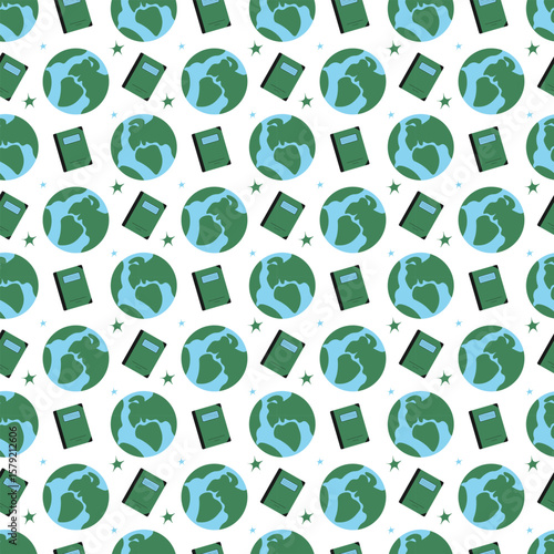 Seamless education pattern with globes, notebooks, and stars.

 Planets, school supplies, study