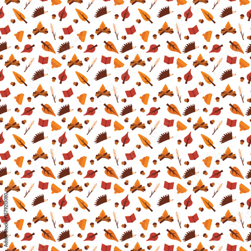 Seamless autumn pattern with campfire, hedgehog, trees, acorn and marshmallow on stick