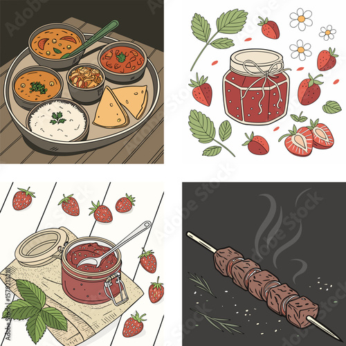 A culinary collage featuring indian thali strawberry jam and grilled skewers