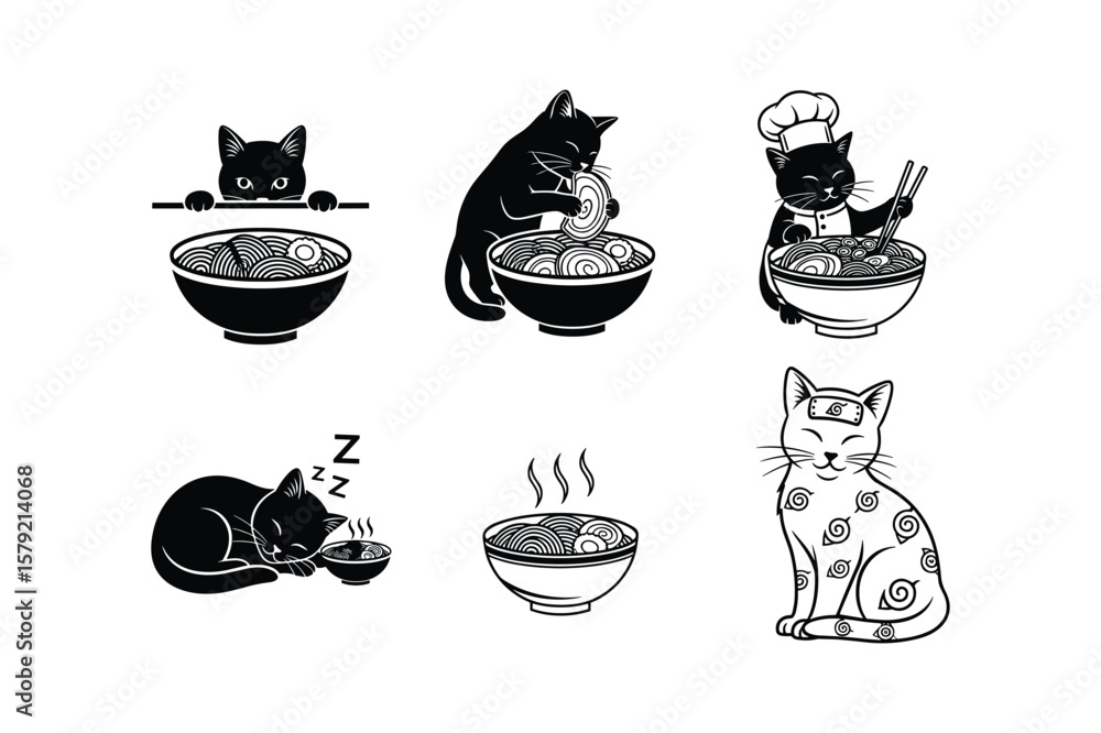 Fototapeta premium Black cats enjoying ramen noodles in various poses feline silhouette