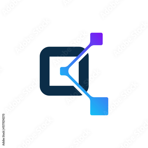 A stylized letter "Q" or square shape connected by lines to a network of nodes, with a vibrant blue to purple gradient, representing connectivity or data flow