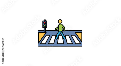 Crosswalk Action, Pedestrian Safety, Urban Environment, Illustration, Green Signal, Top-Down View, Traffic Awareness
