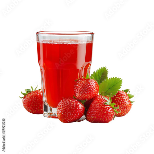 A tall glass filled with vibrant red strawberry juice and a frothy top surrounded by fresh whole strawberries and green leaves isolated on transparent background