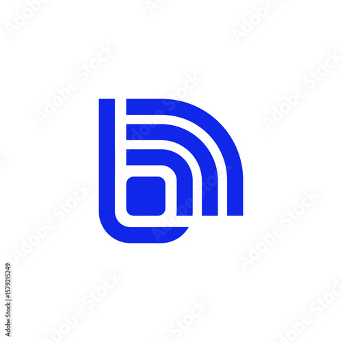 A bold blue abstract form combining a vertical element with multiple concentric arcs, suggesting strong wireless signals or data flow