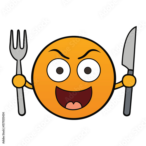 A hungry emoticon eagerly holds a knife and fork, eyes wide with anticipation and mouth open, ready to devour a delicious meal with playful, cartoonish excitement!
