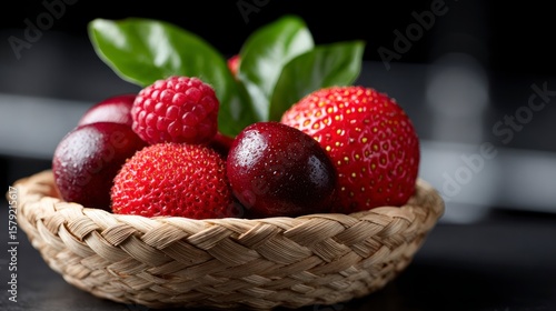Fresh strawberries raspberries and cherries displayed in a woven basket with green leaves