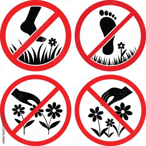 No Walking or Picking Flowers Sign Vector – Foot and Hand Prohibition Icons for Lawn and Garden Protection, Caution Safety Symbol