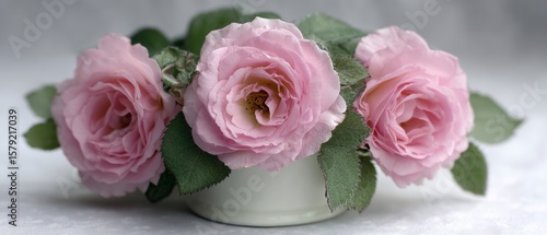 Close up of three delicate pink roses with green leaves in a simple white vase