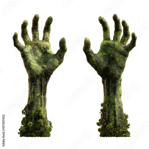 Mysterious Earthly Hands: Two textured hands covered in rich green moss reaching upwards, evoking a sense of nature's power and the mystery of the earth.