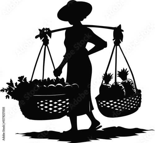Silhouette of a Woman Carrying Baskets of Fruit and Vegetables