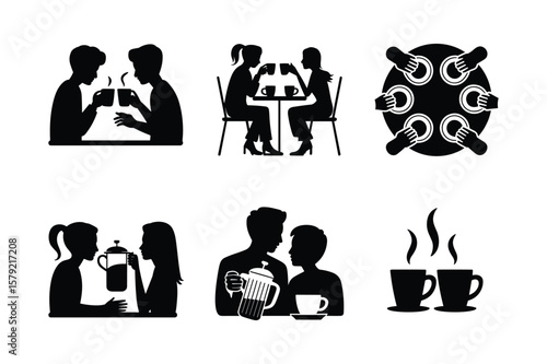 People enjoying coffee and tea in various settings cups silhouettes