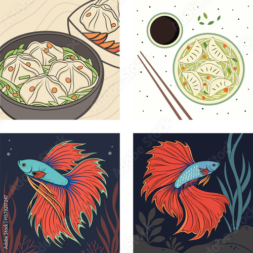 Stylized asian dumplings and vibrant betta fish illustrations