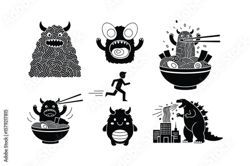 Whimsical monsters and a running figure in black and white silhouette ramen