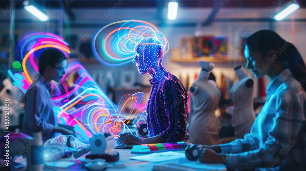 Obraz premium A digital AI figure of swirling light patterns assists a fashion designer in a studio, projecting holographic fabric designs and color palettes. Bright, even lighting enhances the vibrant atmosphere