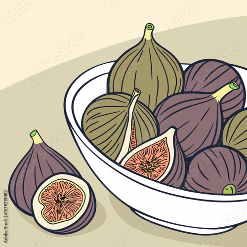 Purple dried fig halves and fresh fruit slices on a plate, a healthy sweet organic diet food