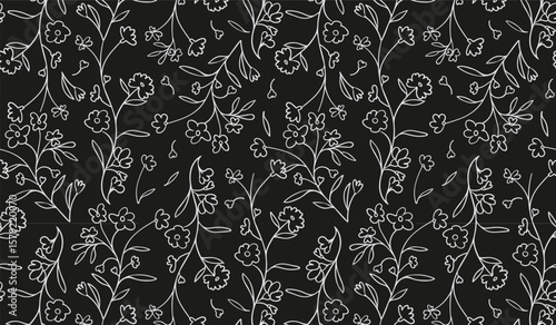 Minimal botanical outline floral pattern with foliage and white handdrawn flowers on black background for textile, paper, packaging and fashion prints.