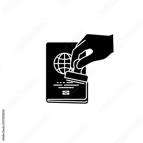 Passport Stamp: A hand stamps a passport, signifying travel, journey, and international exploration. This minimalist representation evokes the ease and thrill of global mobility.