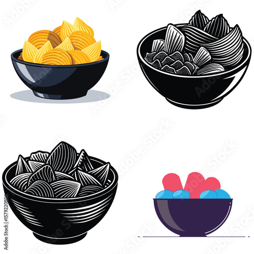 Stylized bowls of crispy potato chips and colorful candies