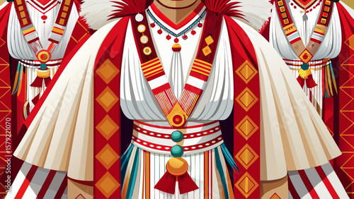 New Mexico Pueblo attire with handwoven cotton robes, red sashes, and beaded accessories makes a captivating, rich vector design highlighting Indigenous artistry from a head-to-toe view.