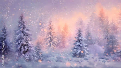 Wallpaper Mural Winter Landscape Featuring Snow-Covered Evergreen Trees with Falling Snowflakes Against Pastel Sky at Sunrise or Sunset for Atmospheric Seasonal Artistic Visual Design Torontodigital.ca