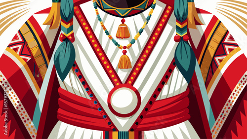 New Mexico Pueblo attire with handwoven cotton robes, red sashes, and beaded accessories makes a captivating, rich vector design highlighting Indigenous artistry from a head-to-toe view.