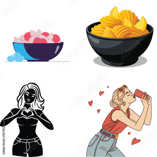 Collage of food silhouette and a woman taking a selfie with hearts
