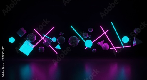 Glowing neon lines intersect vibrant spheres and geometric shapes, reflecting on a dark, glossy surface