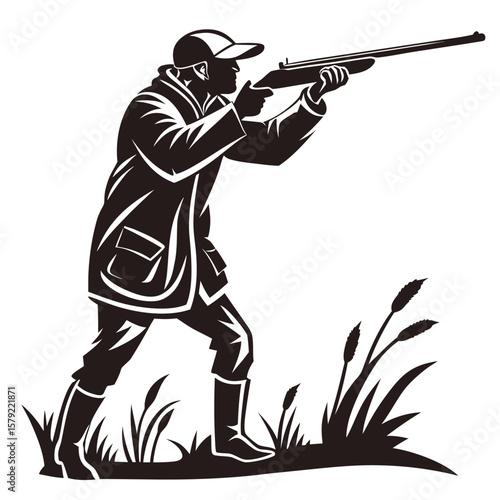 Silhouette of a man aiming rifle while standing amidst the grasses, rendered as a monochrome vector