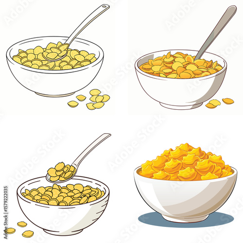Four illustrations of a bowl of corn flakes cereal with a spoon