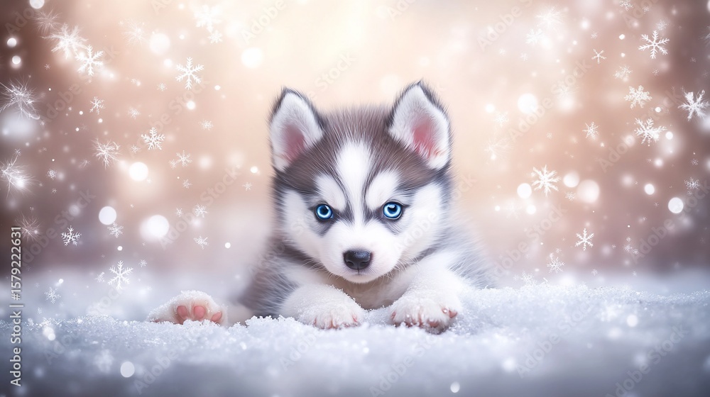 Obraz premium Adorable husky puppy in snow