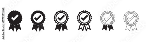 Collection of black and white award ribbons with check marks. Ideal for approval, certification, validation, quality guarantee, and achievement visuals. Editable vector illustration.