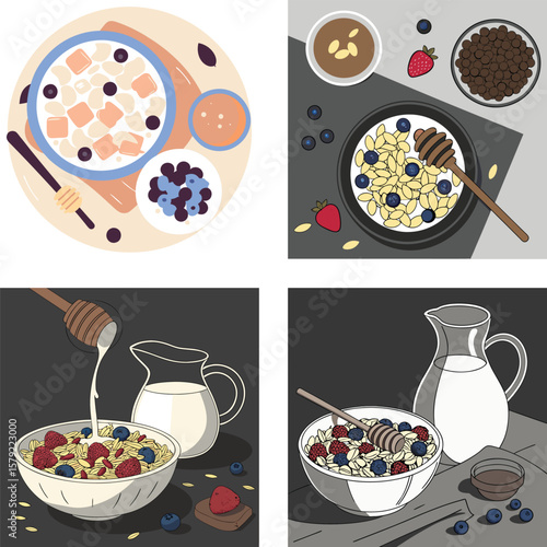 Healthy breakfast bowls featuring cereal berries and honey