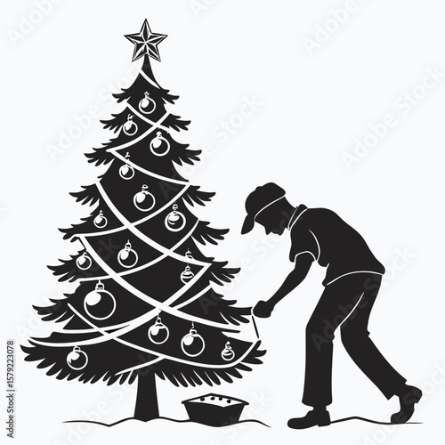 Silhouette shows person decorating festive Christmas tree with ornaments and lights on transparent background