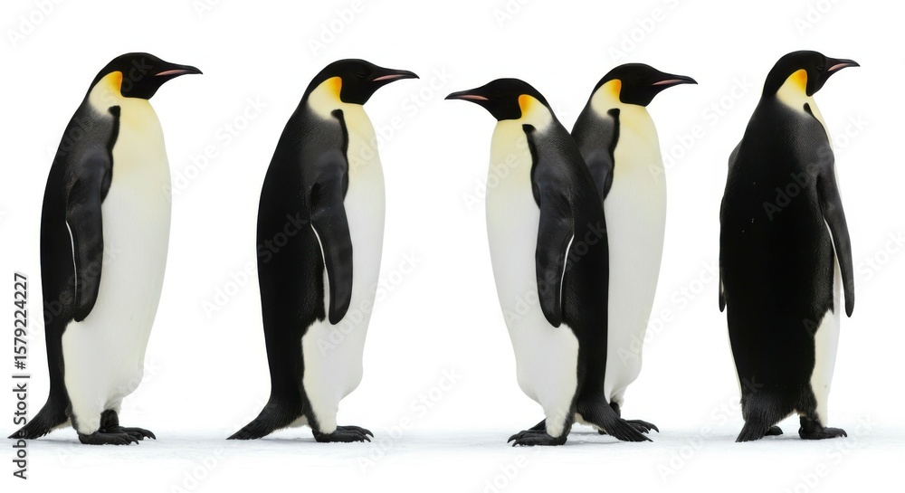 Fototapeta premium Five emperor penguins stand in a row against a white background, showcasing their distinct markings and posture