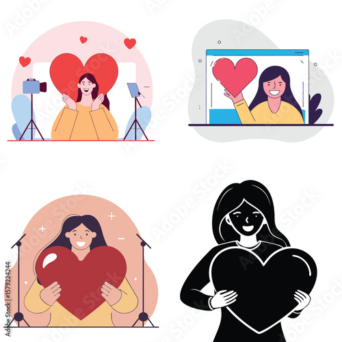 Happy people sharing love and hearts in various digital and real world scenarios