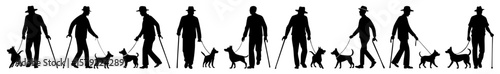 Elderly Man Walking With Cane And Small Dog Depicting Elderly Mobility And Pet Companionship On White Background, Flat Black Vector Illustration Silhouettes Collection 