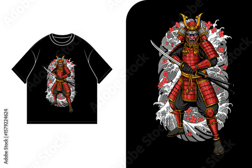 Samurai warrior t-shirt design, fierce stance, red armor, wave background.