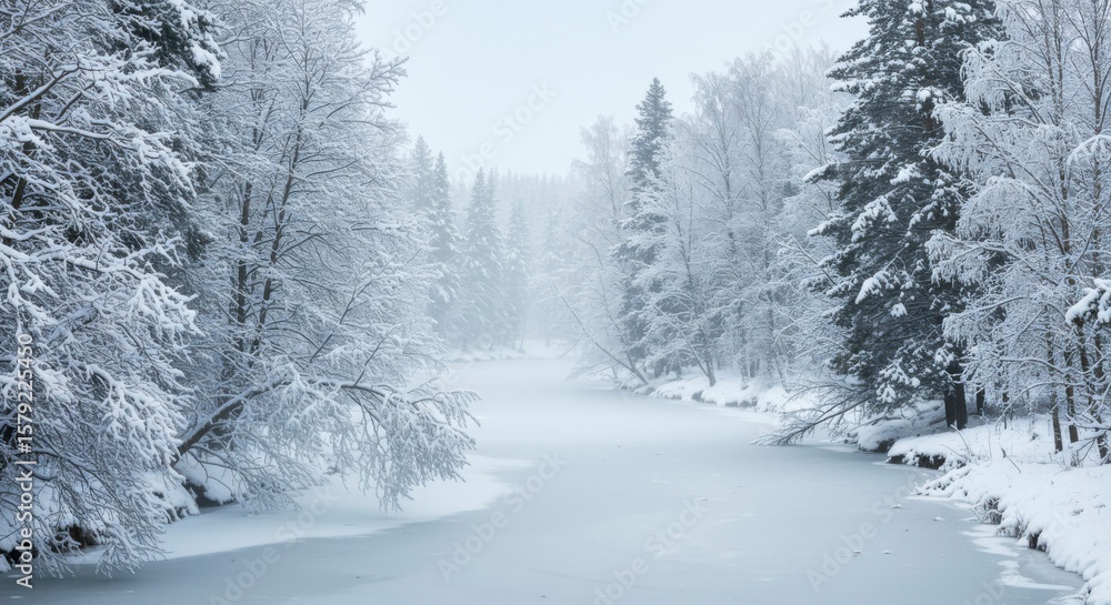 Naklejka premium Frozen river winds through a snow-covered forest, creating a serene winter scene