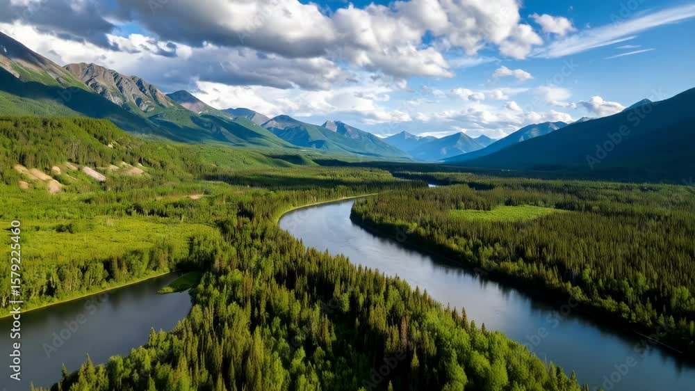 Lush evergreen forest river with winding waterway running through green valley and mountain range against cloudy blue sky backdrop. Lush evergreen forest river with winding waterway running through green valley and mountain range against cloudy blue sky backdrop.
