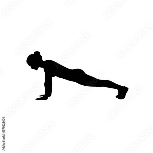 Strength Silhouette: A resilient woman demonstrates unwavering focus and inner strength as she holds a perfect plank pose, embodying the essence of physical fitness.