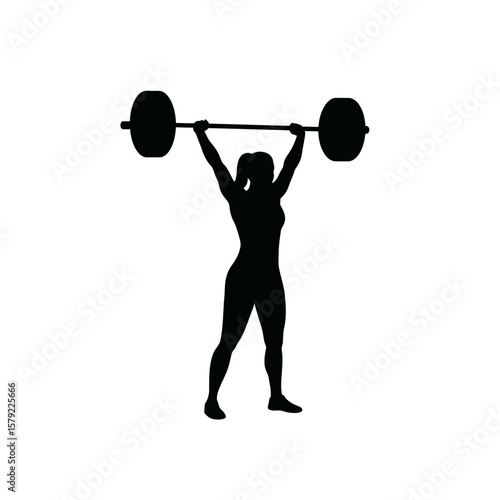 Silhouette of Female Weightlifter: A powerful silhouette of a woman weightlifter lifting barbell overhead against white in a striking black and gym design.