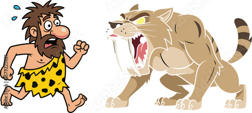 Fearful Caveman Running from Roaring Saber-Toothed Tiger in Prehistoric Era - Ancient Man Escaping Dangerous Predator Hunt, Primitive Survival Instincts