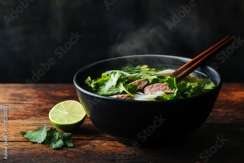 Vietnamese pho breakfast with steaming bowl of noodles and fresh herbs on rustic table